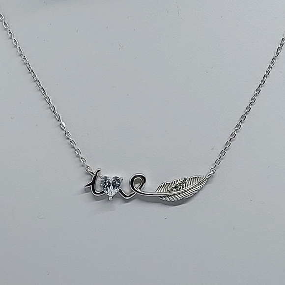 925 Sterling Silver Feather, Heart & Message Necklace,with CZ Simulated Diamonds - Picture 3 of 8